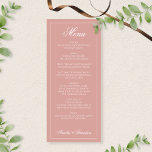 Menú Formal Dusty Rose & White Border Script Wedding<br><div class="desc">Add a touch of romantic elegance to your reception tables with our Formal Dusty Rose & White Border Script Wedding Menu. Featuring a soft dusty rose background, elegant white script, and a refined white border, this menu beautifully combines timeless style with sophisticated charm. Perfect for presenting your carefully selected wedding...</div>