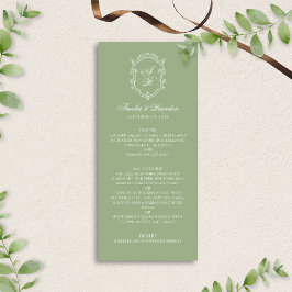 Menú Formal Elegant Sage Green Monogram Crest Wedding