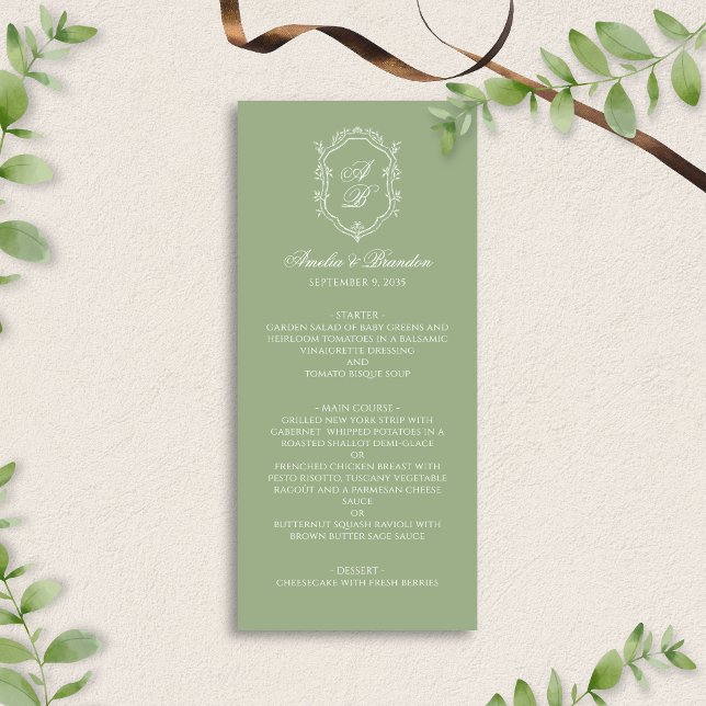 Menú Formal Elegant Sage Green Monogram Crest Wedding (Subido por el creador)