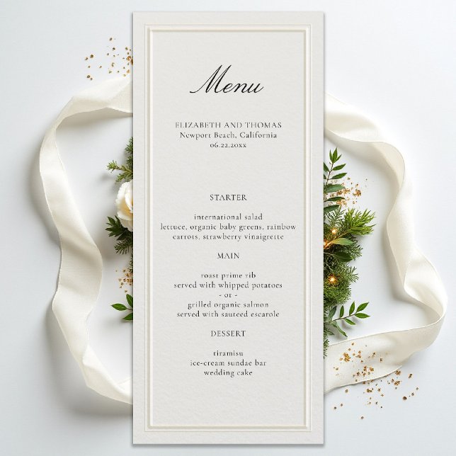 Menú Formal Modern Classic Elevated Frame Ecru Wedding (formal classic wedding menu double frame calligraphy traditional modern calligraphy ecru)