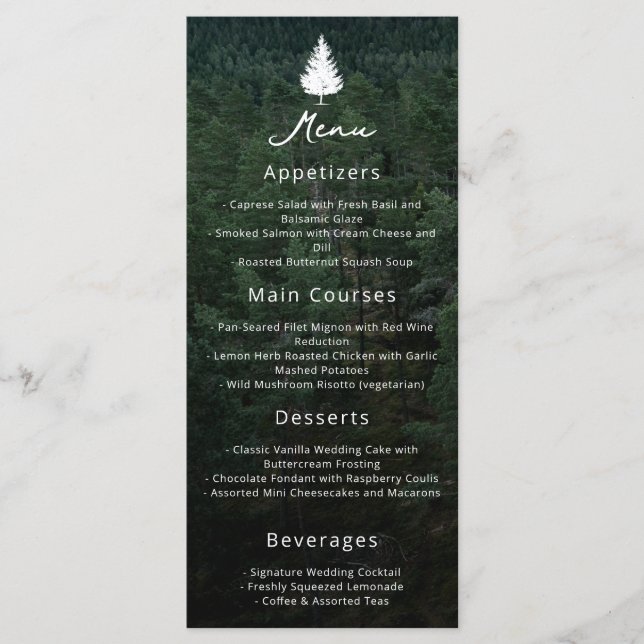 Menú Foto de Bosque Rústico Silueta de Abeto de Boda (Anverso)
