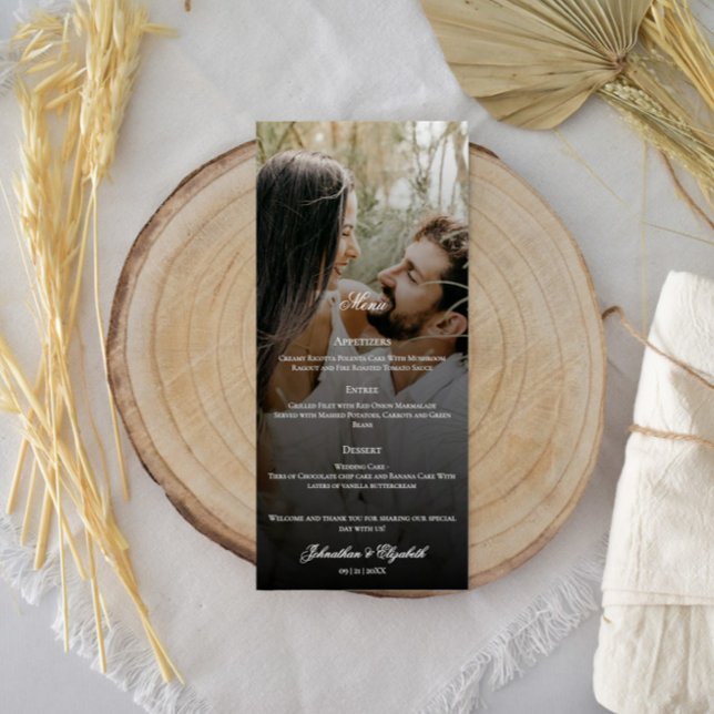 Menú Foto moderna y Boda negro superpuesto (Modern Photo and Black Overlay Wedding Menu)