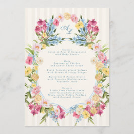 Menú French Blue Floral Monogram Vintage Crest Wedding