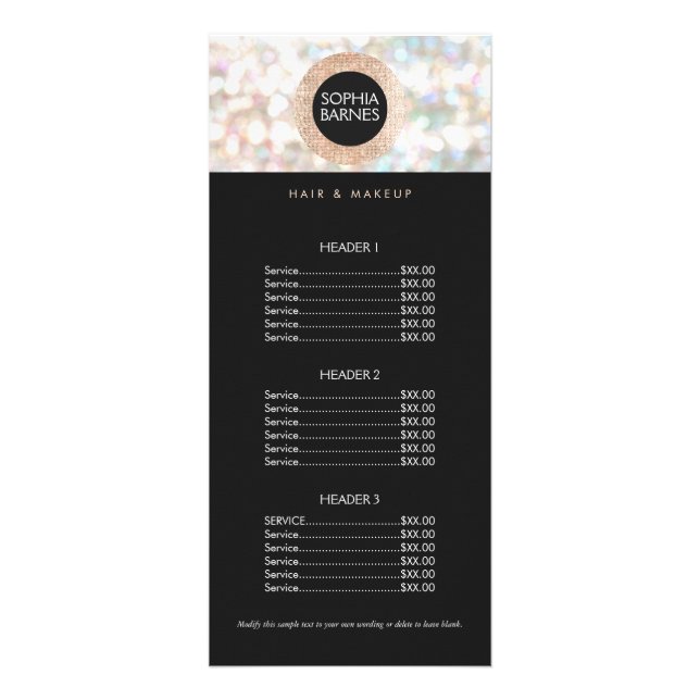 Menú Fun Bokeh y Rosa Gold Salon Price List (Frente)