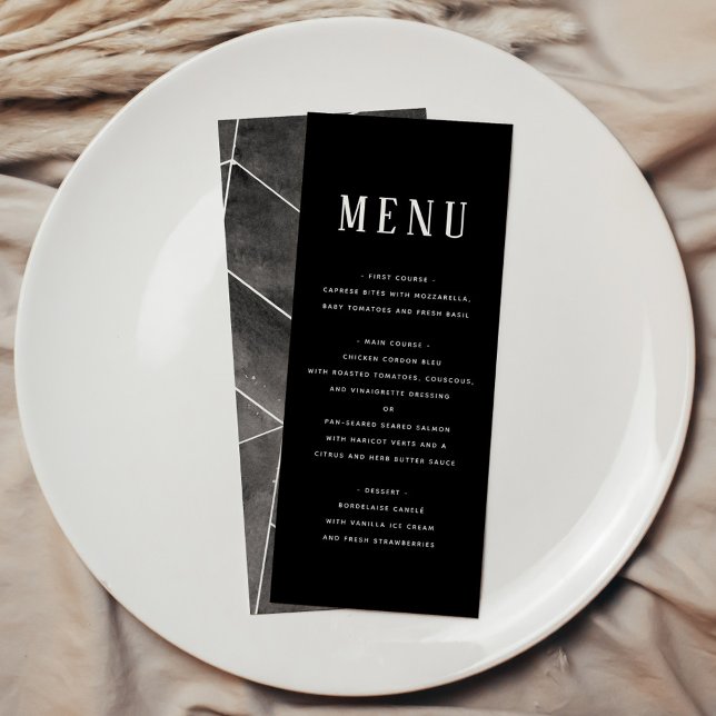 Menú Gala geométrica de color de agua negro (Black Watercolor Geometric Gala Menu)