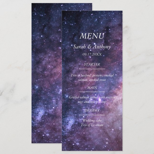 Menú Galaxia Estrellas Celestes Nocturnos Boda Comida (Anverso / Reverso)