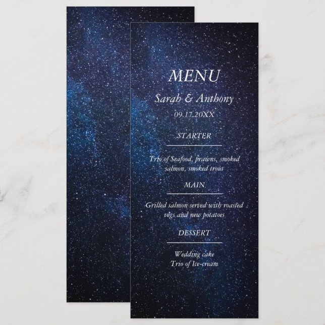 Menú Galaxia Estrellas Celestes Nocturnos Boda Comida (Anverso / Reverso)