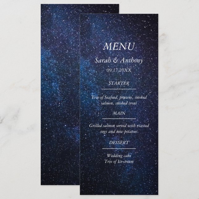 Menú Galaxia Estrellas Celestes Nocturnos Boda Comida (Anverso / Reverso)