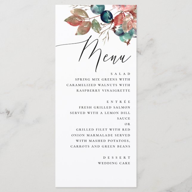 Menú Garden Fall Wedding | Watercolor Berry Leaves (Anverso)