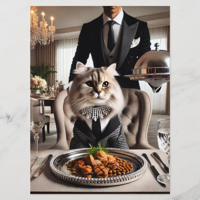Menú Gato con comida para gatos servida por mayordomo (Anverso)
