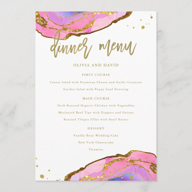 Menú Geode rosa azul y oro | Boda (Anverso)