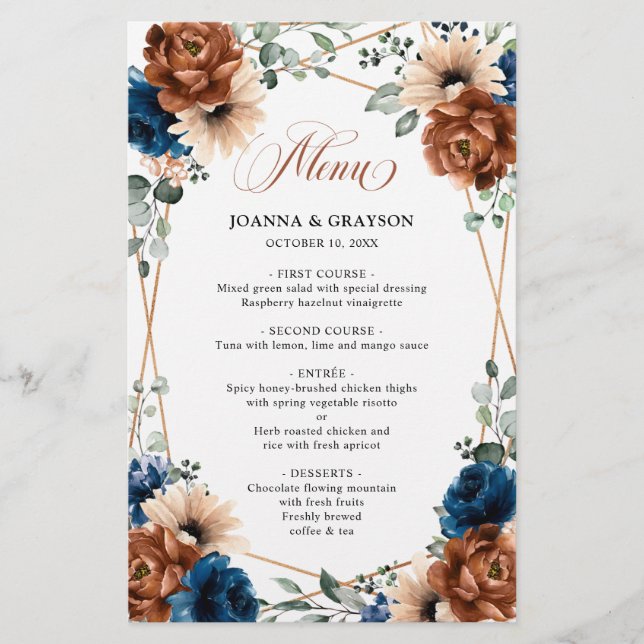 Menú Geométrico de Terracotta Navy Blue Greenerene (Anverso)