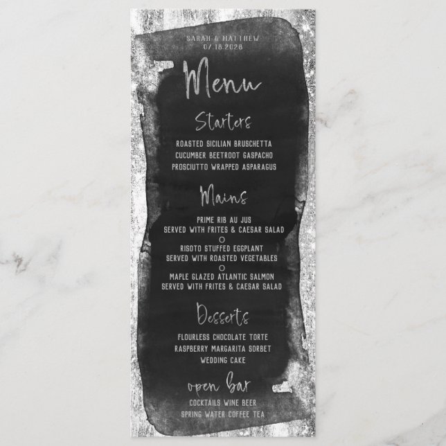 Menú Glam con caligrafía en blanco y negro (Anverso)
