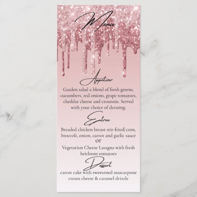 Menú Glam Rosa Oro Rosa Brillo Goteo Elegante (Anverso)
