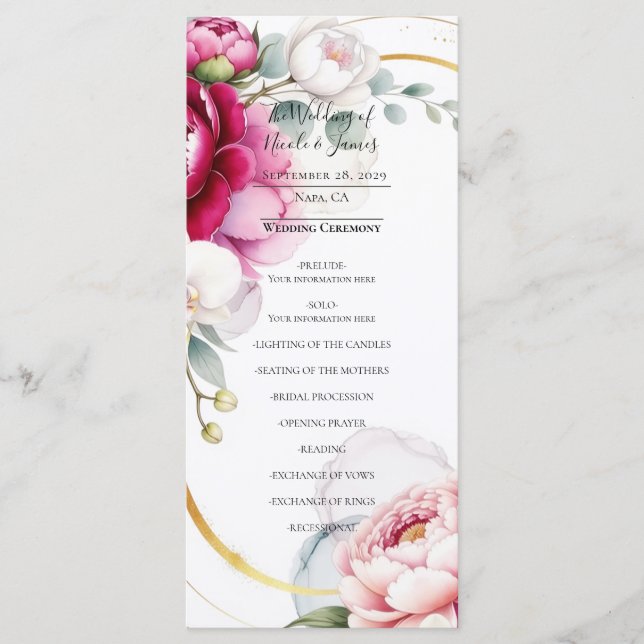 Menú Gold Halo Garden Peonies & Orchids Wedding Program (Anverso)