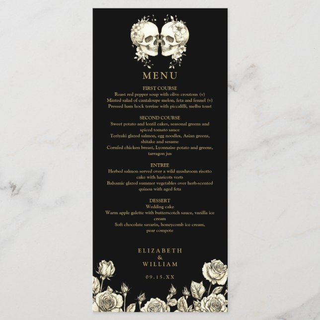 Menú Goth Skulls Floral Black And Gold Gothic Wedding (Anverso)