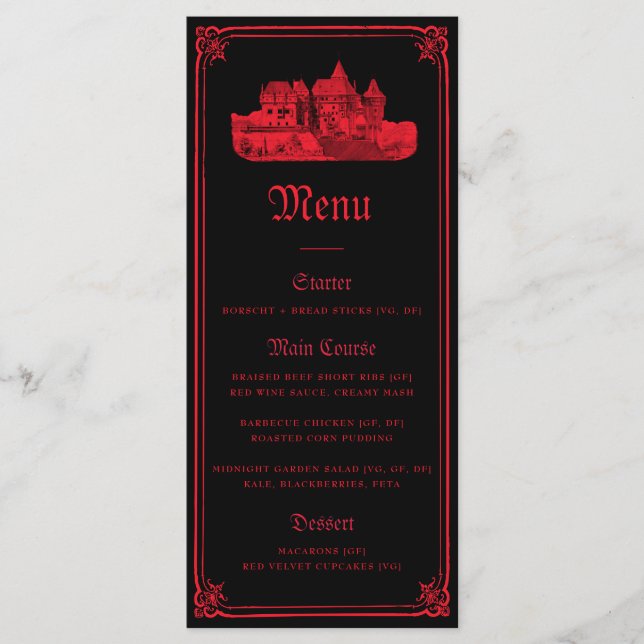 Menú Gothic Vampire Castle Border Black Red Wedding  (Anverso)