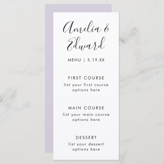 Menú Graceful Delicated Purple Boda Card (Anverso / Reverso)