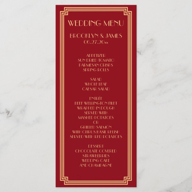 Menú Gran carta Art Deco Red Gold Boda (Anverso)