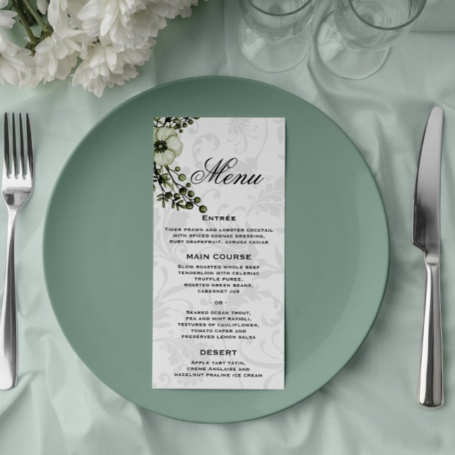 Menú Gray Damask y Green Bouquet Boho Boda (Subido por el creador)