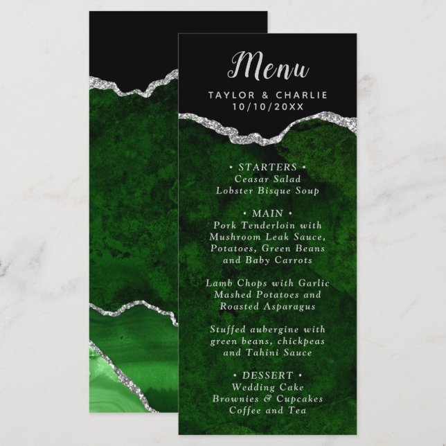 Menú Green and Silver Agate Marble Wedding (Anverso / Reverso)
