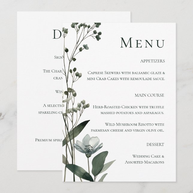 Menú Green Floral Botanical Wedding (Anverso / Reverso)