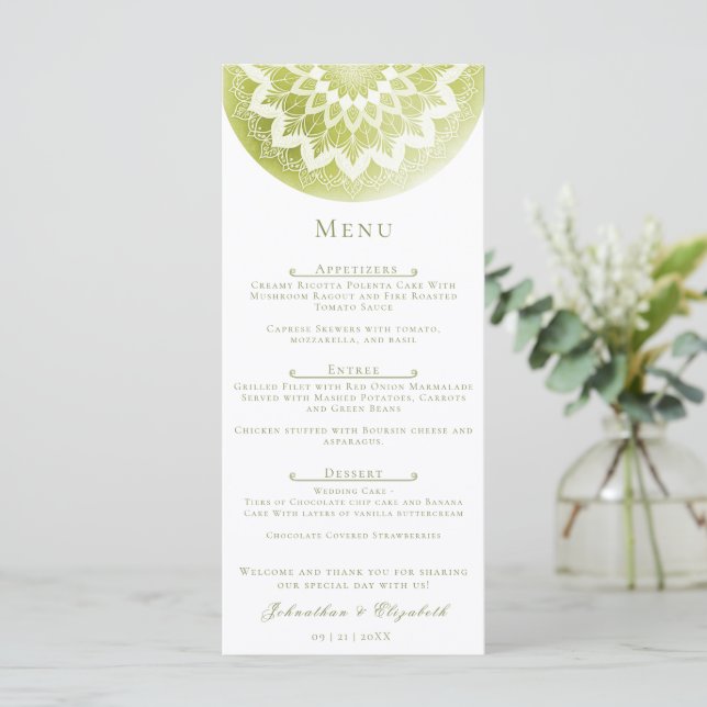 Menú Green Lace Mandala Wedding (Anverso de pie)