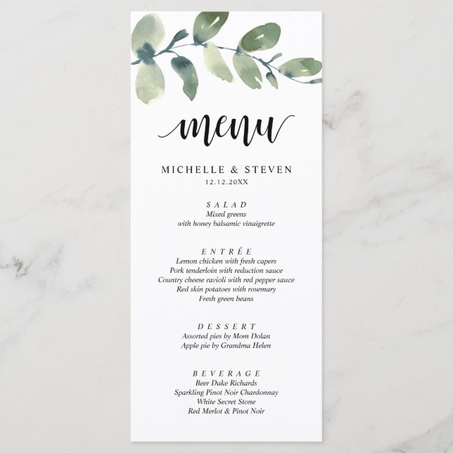 Menú Greenery Eucalyptus Boda Elopement Dinner (Anverso)