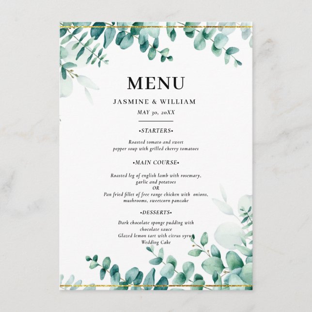 Menú Greenery Eucalyptus Frameborder Boda (Anverso)