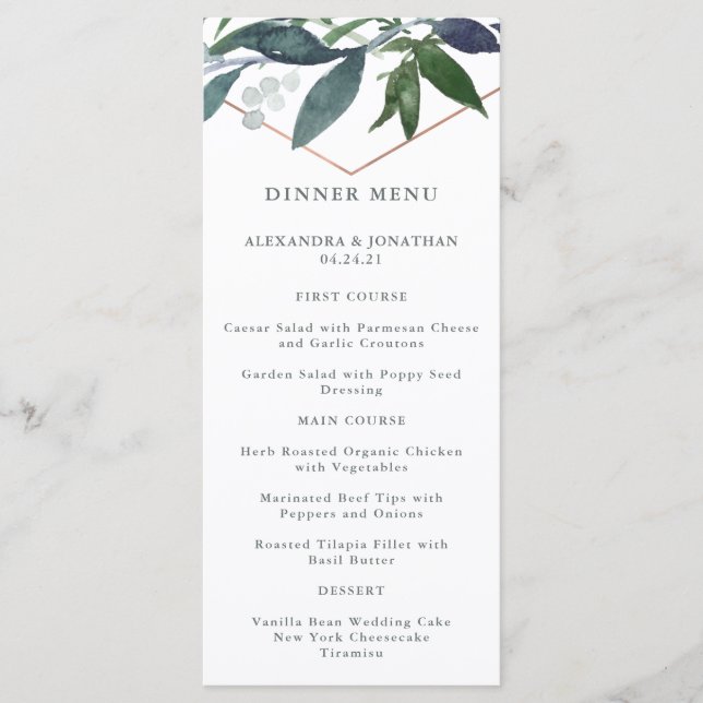 Menú Greenery Geo | Boda de Oro Rosa (Anverso)