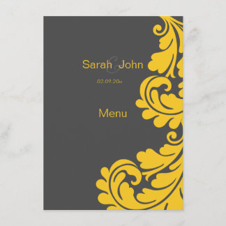 Menú gris y amarillo del boda del damasco