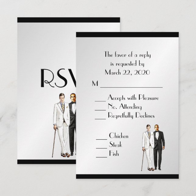 Menú Groom y Groom Boda RSVP Plata clásica (Anverso / Reverso)