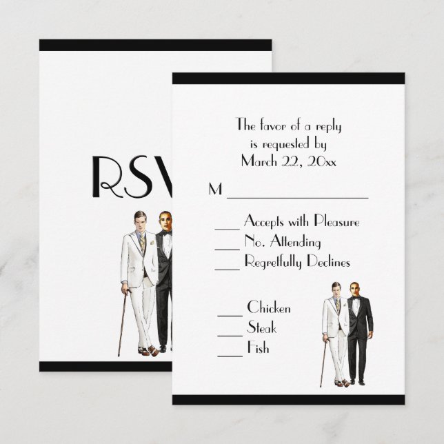 Menú Groom y Groom Wedding RSVP Classic White (Anverso / Reverso)