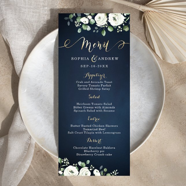Menú Guión dorado moderno boda floral azul marino blanc (Modern gold script navy blue white floral wedding menu)