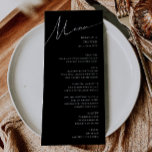 Menú Guión Minimalista caprichoso | Boda negro<br><div class="desc">Este guión minimalista caprichoso | el menú boda negro es perfecto para su boda boho moderno, clásico y sencillo, en blanco y negro. El diseño presenta una caligrafía escrita a mano, elegante, delicada y romántica, con una tipografía chic y formal. El aspecto irá bien con cualquier estación boda: primavera, verano,...</div>