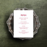 Menú Guión Minimalista moderno | Boda rojo magenta<br><div class="desc">Esta elegante y minimalista tarjeta de menú boda cuenta con una tipografía de escritura moderna y un texto limpio y sans serif para un diseño magenta rojo y blanco sencillo y elegante que le encantará.</div>