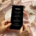 Menú Guión Minimalista moderno negro | BODA<br><div class="desc">Esta elegante y minimalista tarjeta de menú boda presenta una tipografía de escritura moderna y un texto limpio y blanco sans serif sobre un fondo negro oscuro para un diseño sencillo y elegante que le encantará.</div>