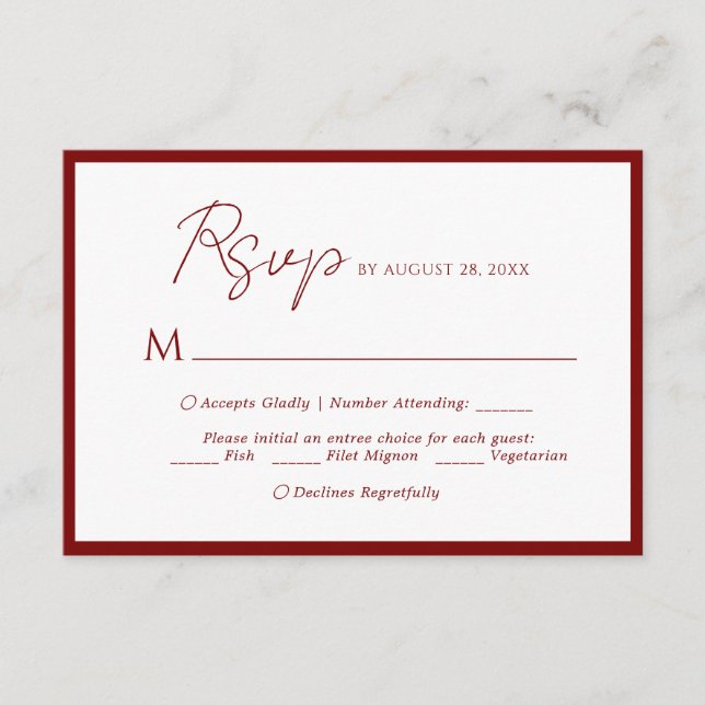 Menú Guión Mínimo Elección Boda de borde rojo Rsvp (Anverso)