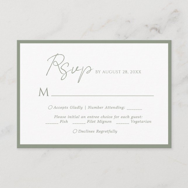 Menú Guión Mínimo Elección Boda Verde Sage Rsvp (Anverso)