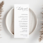 Menú Guión moderno Minimalista blanco comamos Boda<br><div class="desc">Este elegante menú nupcial con texto personalizado y escritura moderna hará una maravillosa adición a su fiesta! Cambie fácilmente el texto haciendo clic en la opción "personalizar esta plantilla".</div>