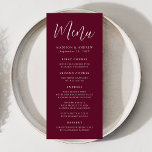 Menú Guión simple Boda de Borgoña<br><div class="desc">Menú simple boda con "Menú" mostrado en un guión blanco con fondo burdeos. Personalice el menú boda de borgoña agregando nombres,  fecha de boda e información de menú. Diseñado para coordinar con nuestra colección de bodas de script simple.</div>