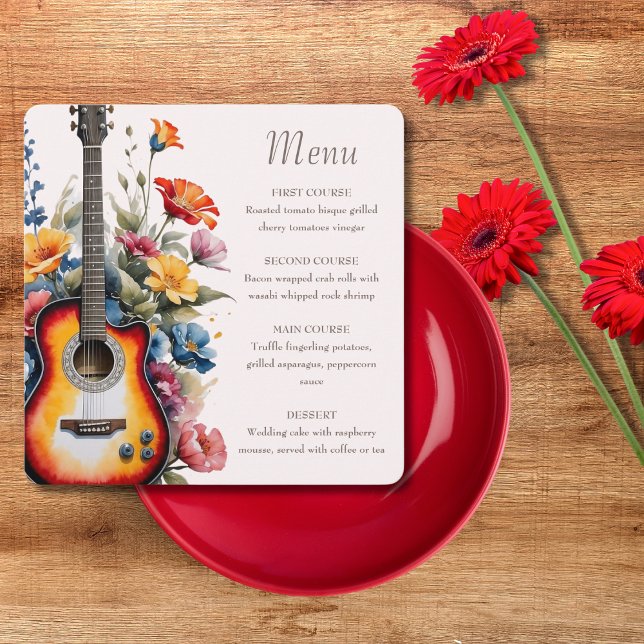 Menú Guitarra Flor Silvestre Ampersand Boda Musical (Flat lay music theme wedding guitar wildflower meadow modern elegant Menu)