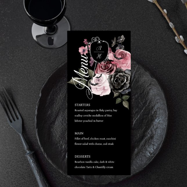 Menú Halloween Gótico Acuarela Floral Monograma Escudo (Gothic Halloween Watercolor Floral Monogram Crest Menu)