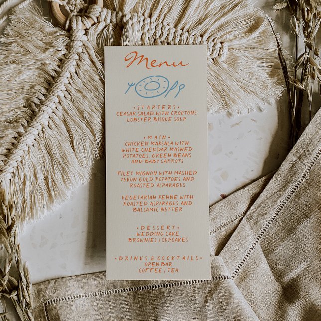 Menú Hand Drawn Blue Orange Whimsical Wedding (Subido por el creador)