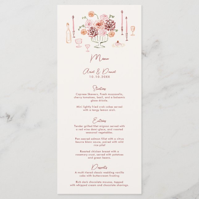 Menú Hand Drawn Whimsical Tabletop Burgundy Wedding (Anverso)
