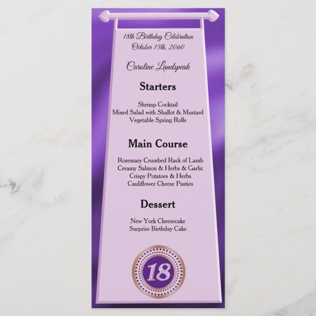 Menú Happy 18th Birthday Purple Purpurina Relieve metal (Anverso)