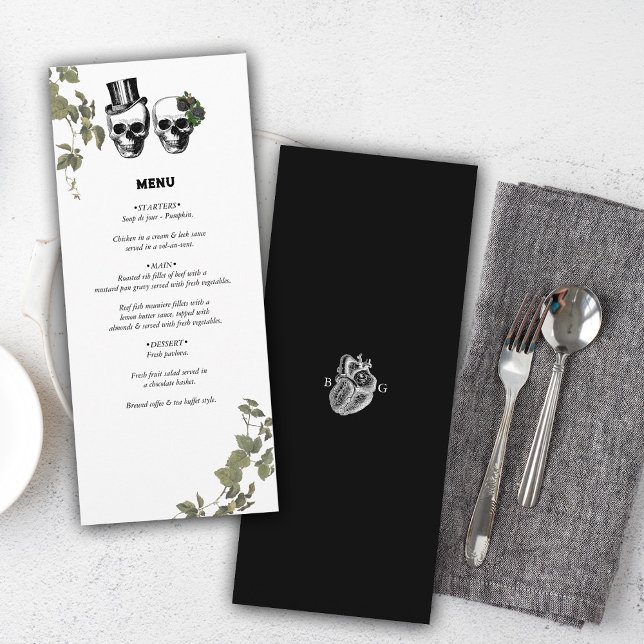 Menú Hasta la muerte Boda de cráneos florales góticos e (Til Death Gothic Heart Floral Skulls Wedding Menu)