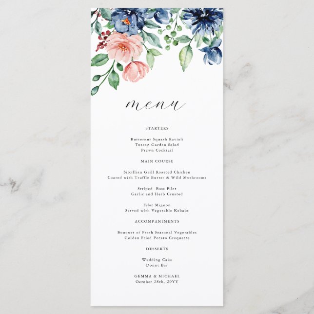 Menú Hermosa acuarela Floral y Boda de vegetación (Anverso)
