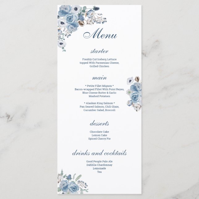 Menú Hermosa Floral Azul (Anverso)