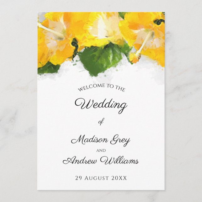 Menú Hermoso Boda de arte de flores amarillo hibiscus (Anverso)